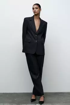 Прямой пиджак в тонкую полоску ZARA, темно-синий