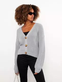 Прямой женский трикотажный кардиган с v-образным вырезом и длинными рукавами LCW Casual