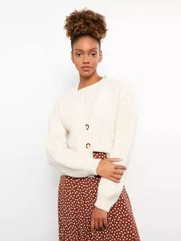 Прямой женский трикотажный кардиган с v-образным вырезом и длинными рукавами LCW Casual