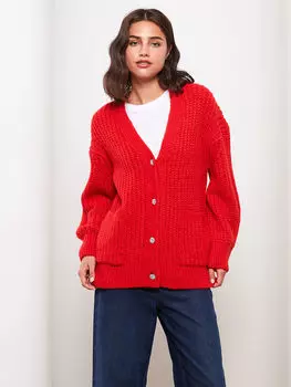 Прямой женский трикотажный кардиган с v-образным вырезом и длинными рукавами LCW Modest
