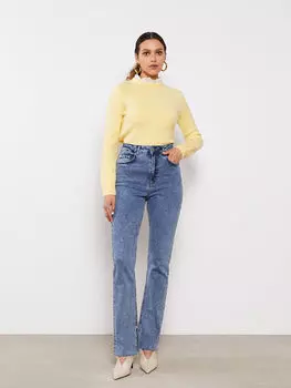 Прямой женский трикотажный свитер с длинным рукавом и воротником-стойкой с рюшами LCW Vision