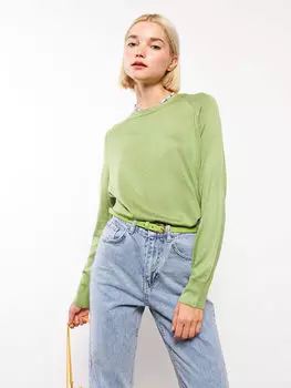 Прямой женский трикотажный свитер с круглым вырезом и длинными рукавами LCW Casual