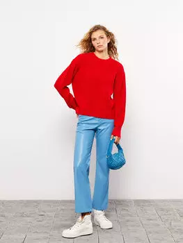 Прямой женский трикотажный свитер с круглым вырезом и длинными рукавами LCW Casual