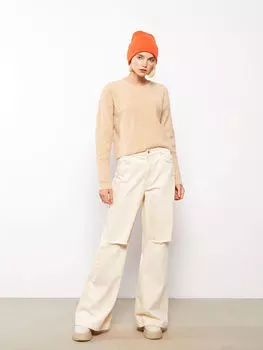 Прямой женский трикотажный свитер с круглым вырезом и длинными рукавами LCW Casual