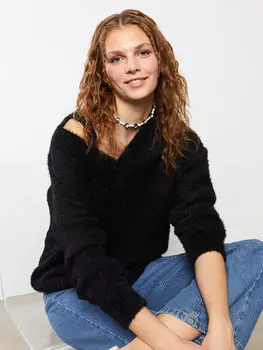 Прямой женский трикотажный свитер с v-образным вырезом и длинными рукавами Xside