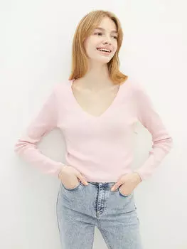 Прямой женский трикотажный свитер с v-образным вырезом и длинными рукавами LCW Casual