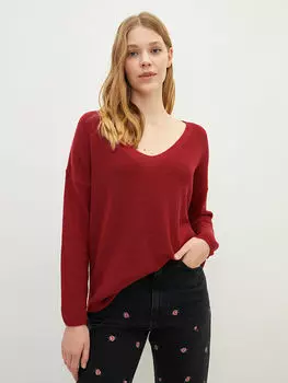 Прямой женский трикотажный свитер с v-образным вырезом и длинными рукавами LCW Casual