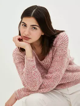 Прямой женский трикотажный свитер с v-образным вырезом и длинными рукавами LCW Casual