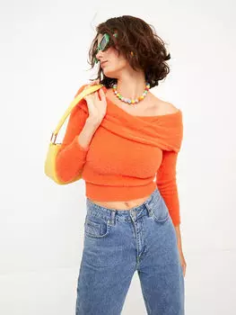 Прямой женский трикотажный свитер с вырезом лодочкой и длинным рукавом Xside