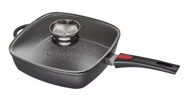 Прямоугольная кастрюля 28x28см, высота ок. 7 см, литой алюминий KING с керамическим покрытием Внутренняя часть: FUSION TI / съемная ручка для кастрюли / крышка с кнопкой ароматизации / цвет: антрацит, серый