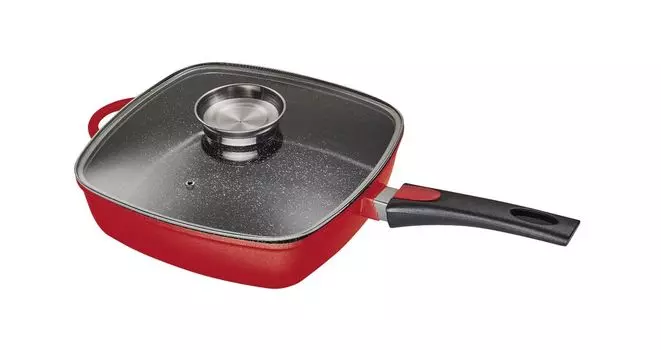 Прямоугольная кастрюля KING из литого алюминия 28x28 см с прочным керамическим покрытием Внутри: FUSION TI / со стеклянной крышкой / со съемной ручкой для кастрюли / крышка с кнопкой ароматизации / цвет: красный