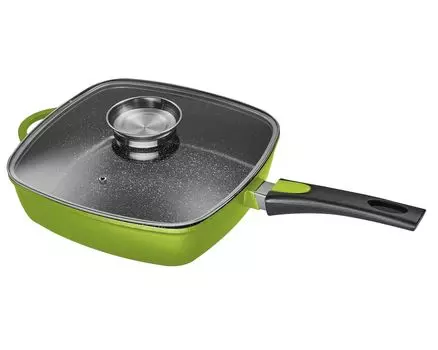 Прямоугольная кастрюля KING из литого алюминия 28x28 см с прочным керамическим покрытием Внутри: FUSION TI / со стеклянной крышкой / со съемной ручкой для кастрюли / крышка с кнопкой ароматизации / цвет: зеленый