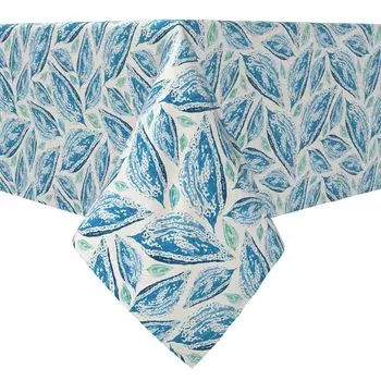 Прямоугольная скатерть, 100% хлопок, листья в стиле мозаики синие