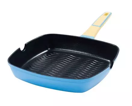 Прямоугольная сковорода-гриль 28x28 см, высота около 5,5 см KING GOURMET BLUE, изготовлена из литого алюминия с керамическим антипригарным покрытием: XYLAN PLUS SILVER DIAMOND / цвет: синий
