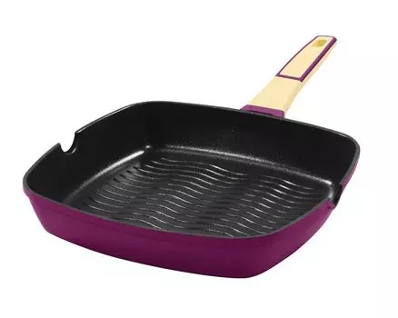 Прямоугольная сковорода-гриль 28x28 см, высота около 5,5 см KING GOURMET AUBERGINE, изготовлена из литого алюминия с керамическим антипригарным покрытием: XYLAN PLUS SILVER DIAMOND / цвет: баклажан