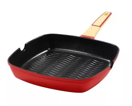 Прямоугольная сковорода-гриль 28x28 см, высота около 5,5 см KING GOURMET RED, изготовлена из литого алюминия с антипригарным покрытием, армированным керамикой: XYLAN PLUS SILVER DIAMOND / цвет: красный