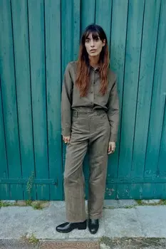 Прямые брюки из искусственной замши ZARA, хаки