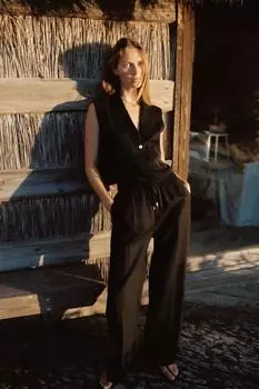 Прямые брюки из льняной смеси ZARA, черный