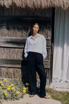 Прямые брюки из льняной смеси ZARA, темно-синий