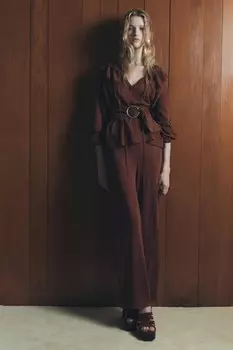 Прямые брюки из однотяжной трикотажной ткани ZARA, бордовый