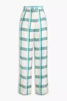 Прямые брюки из шелкового твила со складками в клетку VICTORIA BECKHAM, экру