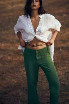 Прямые брюки из смешанного льна Zara, зеленый