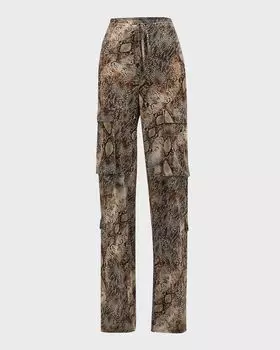 Прямые брюки-карго со змеиным принтом и средней посадкой, с завязками на талии LAPOINTE, цвет Snake Print