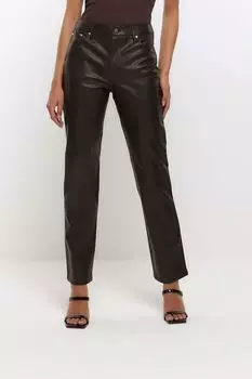 Прямые брюки приталенного кроя из искусственной кожи River Island, коричневый