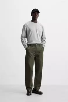 Прямые брюки с нашивками ZARA, темный хаки