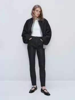 Прямые брюки с покрытием с высокой посадкой Massimo Dutti, черный