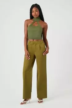 Прямые брюки с высокой посадкой из твила Forever 21, оливковый