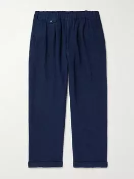 Прямые брюки со складками из смеси льна и хлопка BEAMS PLUS, темно-синий