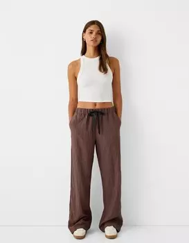 Прямые брюки в полоску с резинкой на талии Bershka, коричневый