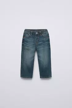 Прямые джинсы с эффектом потертости ZARA, зеленый/синий