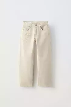 Прямые джинсы с вышитым цветочным рисунком ZARA, экрю-белый