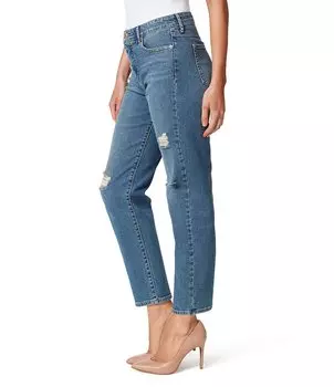 Прямые джинсы с высокой посадкой и разрушенными деталями Jessica Simpson Spotlight, синий