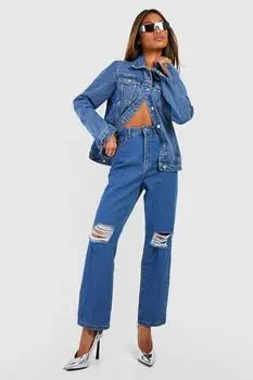 Прямые джинсы с высокой посадкой и рваными штанинами basics Boohoo, синий