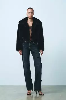 Прямые джинсы с высокой талией и атласной цветочной деталью ZARA, темный индиго