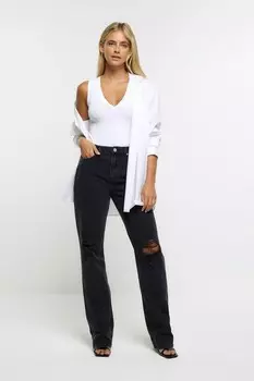 Прямые джинсы с высокой талией и потертостями River Island, черный