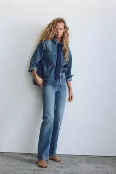 Прямые джинсы trf с высокой талией ZARA, синий