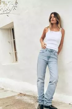 Прямые джинсы trf с высокой талией ZARA, светло-синий