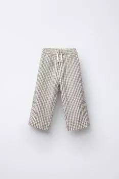 Прямые клетчатые текстурированные брюки ZARA, коричневый