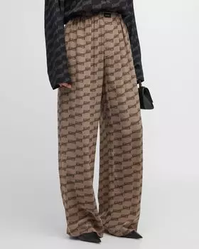 Прямые шелковые пижамные брюки с логотипом BB Balenciaga, цвет 9378 Beige/Brown