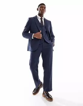 Прямые шерстяные брюки ASOS DESIGN с узором «ёлочка» синего цвета