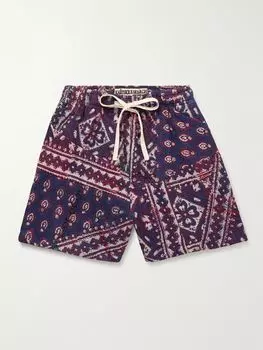 Прямые шорты из хлопка Kantha с принтом в стиле пэчворк и завязками на резинке KARTIK RESEARCH, синий