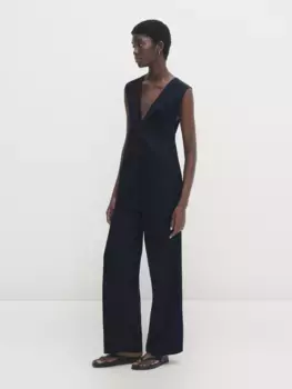 Прямые темно-синие атласные брюки Massimo Dutti, синий