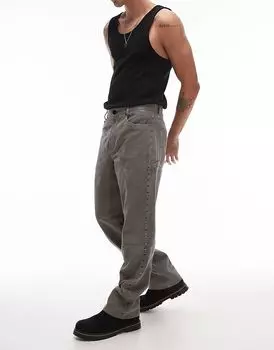 Прямые замшевые брюки премиум-класса с заклепками серого цвета Topman