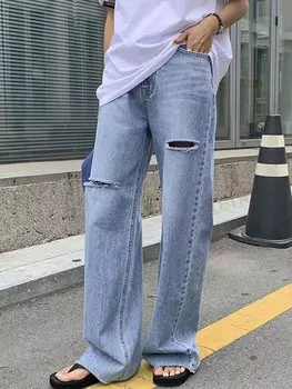 Прямые женские Джинсы, украшенные рваными дырками, готовые к уличному стилю Dazy, синий