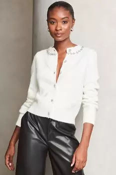 Пуговица со стразами на вязаном кардигане Lipsy, белый