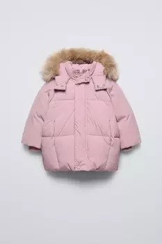Пуховая куртка с капюшоном из пуха и перьев, водоотталкивающая ZARA, розовый
